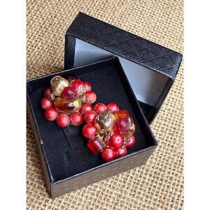 Vintage Clip-On Earrings Red Faux Pearls & Gold Accents Handmade Retro Jewelry